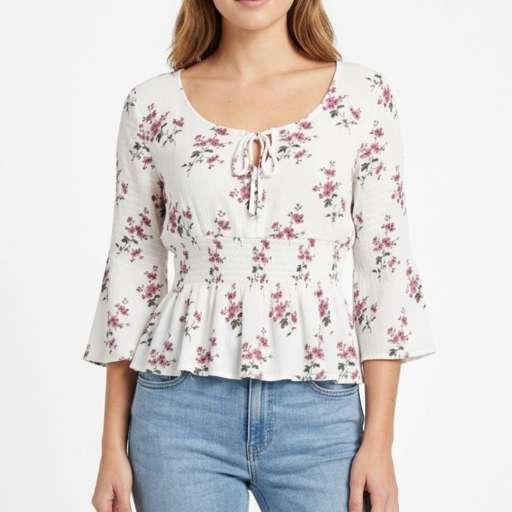 American Eagle Gauzy Babydoll Top Size S White Floral Smocked Boho Spring